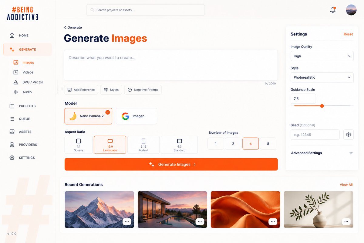 The image generation screen: model picker (Nano Banana 2, Imagen), prompt input, aspect ratio and settings, and recent generations
